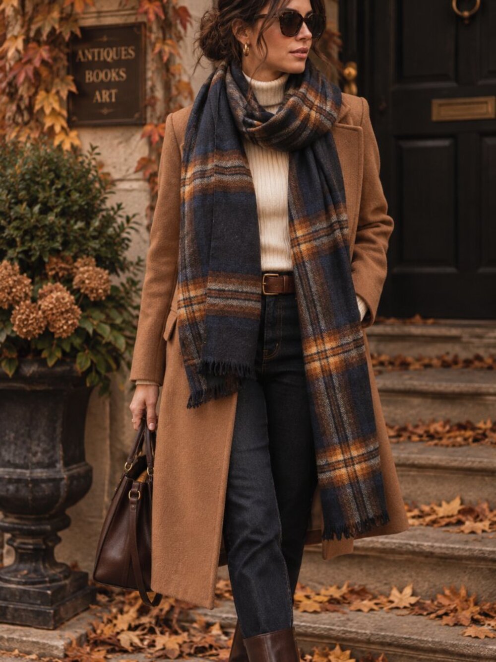 NWT Banana Republic Plaid Scarf Navy Brown Orange Oversized Wrap